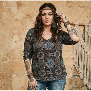 Vintage Faded Glory Paisley Bell Sleeve Top Plus 4X Brown Y2k distressed